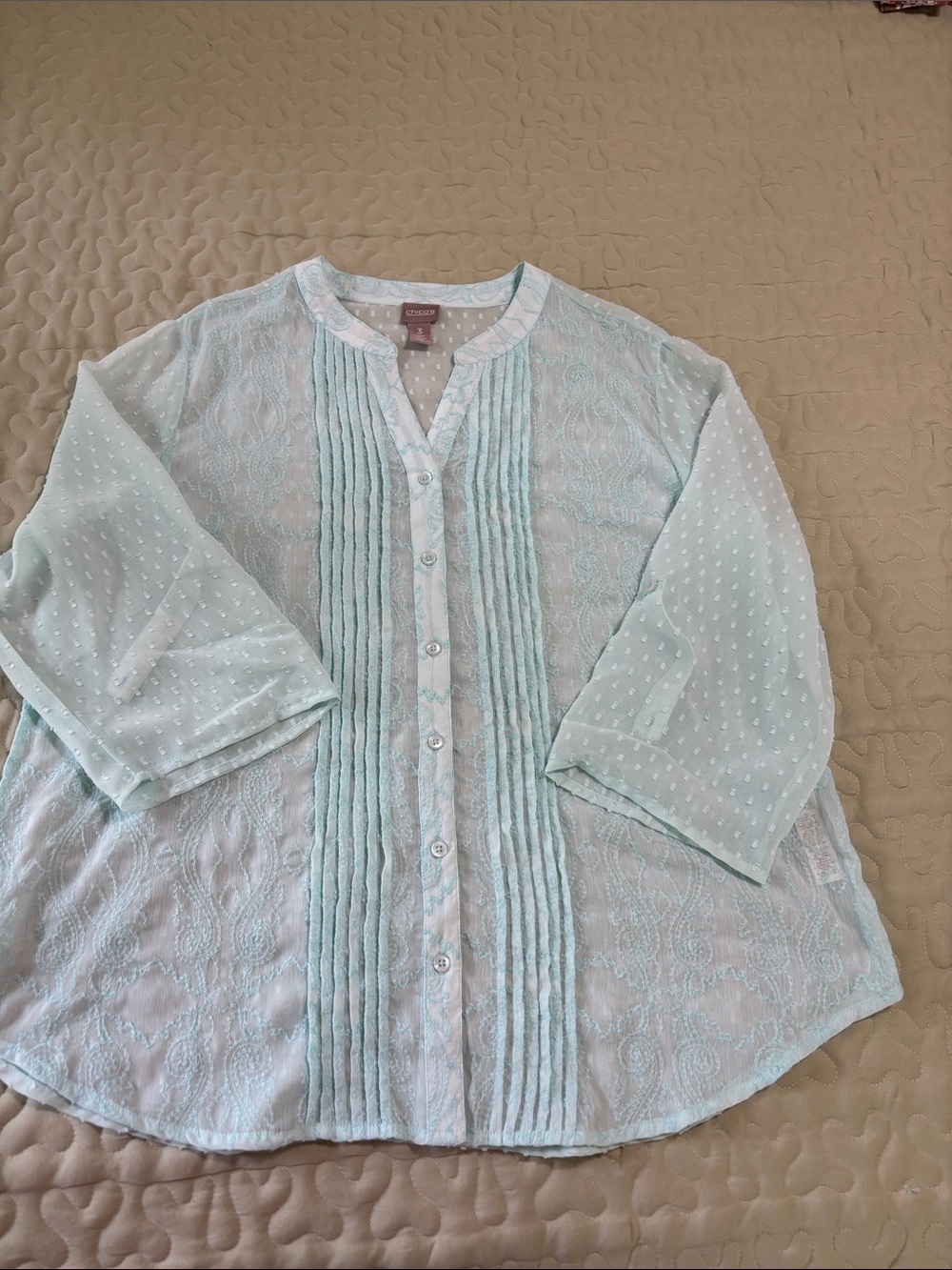 Chico's Mint Blue Aqua Pintuck  Sheer Blouse Embroidery Swiss Dot Size 3 (XL/16) - Picture 12 of 14